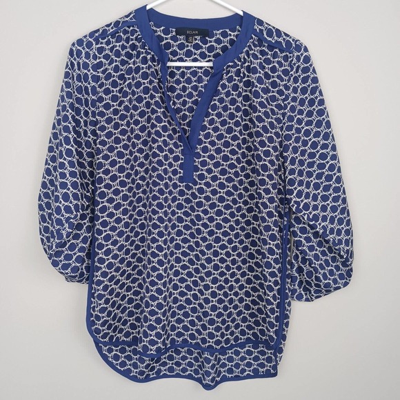 Eclair Womens Adjustable Sleeve Blouse V Neck Top Blue White Size MP M Petite - Picture 1 of 13